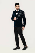 Full white velvet 4-piece formal set including coat, shirt, trousers, and a bow tie.