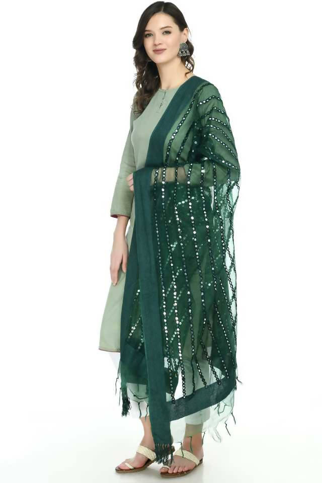 Bottle Green Organza Mirror Stripe Dupatta for Festive Looks