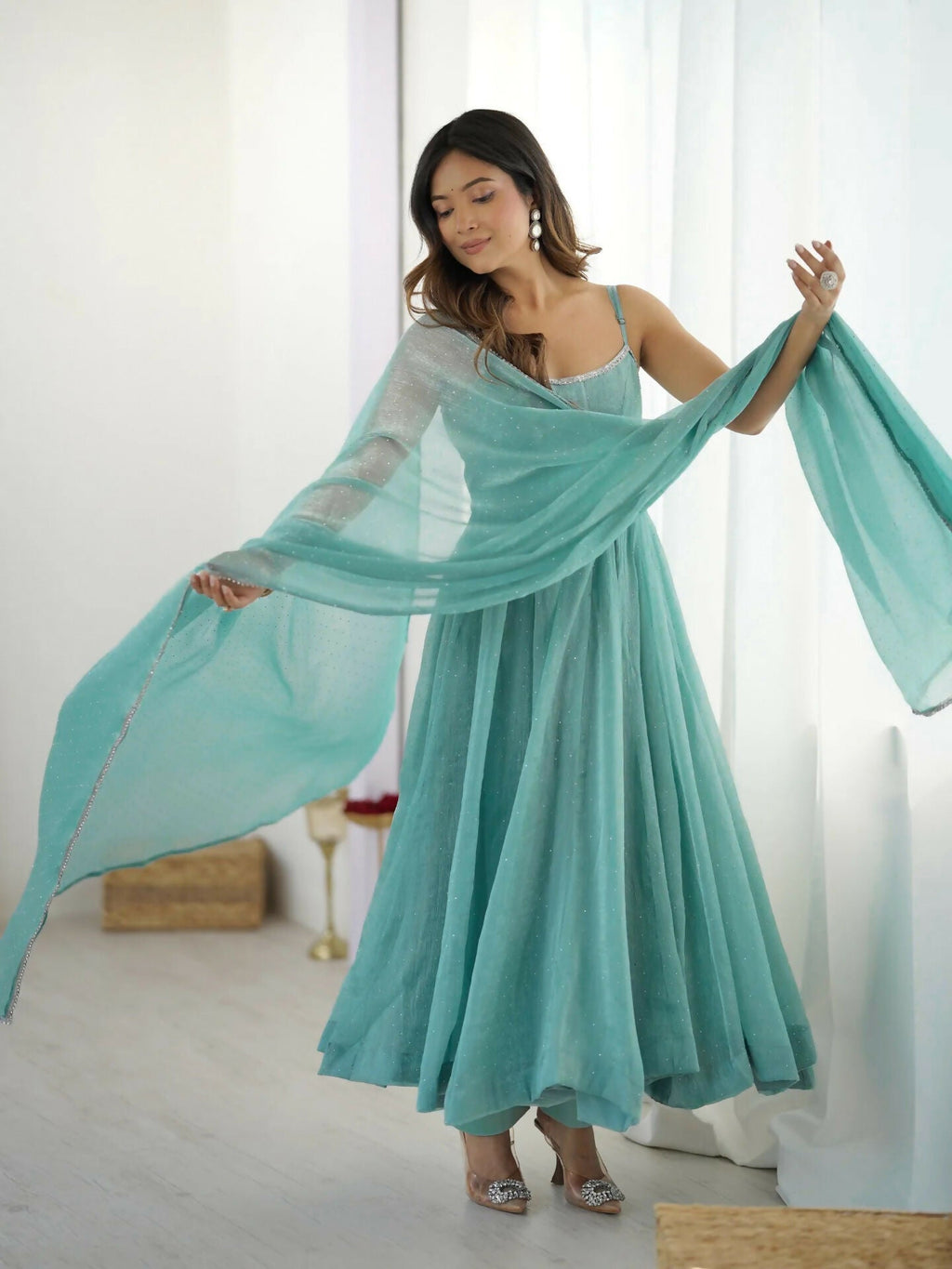 Sky Silk Kurta Set with Sequence Embroidery Work - 3 Piece Set