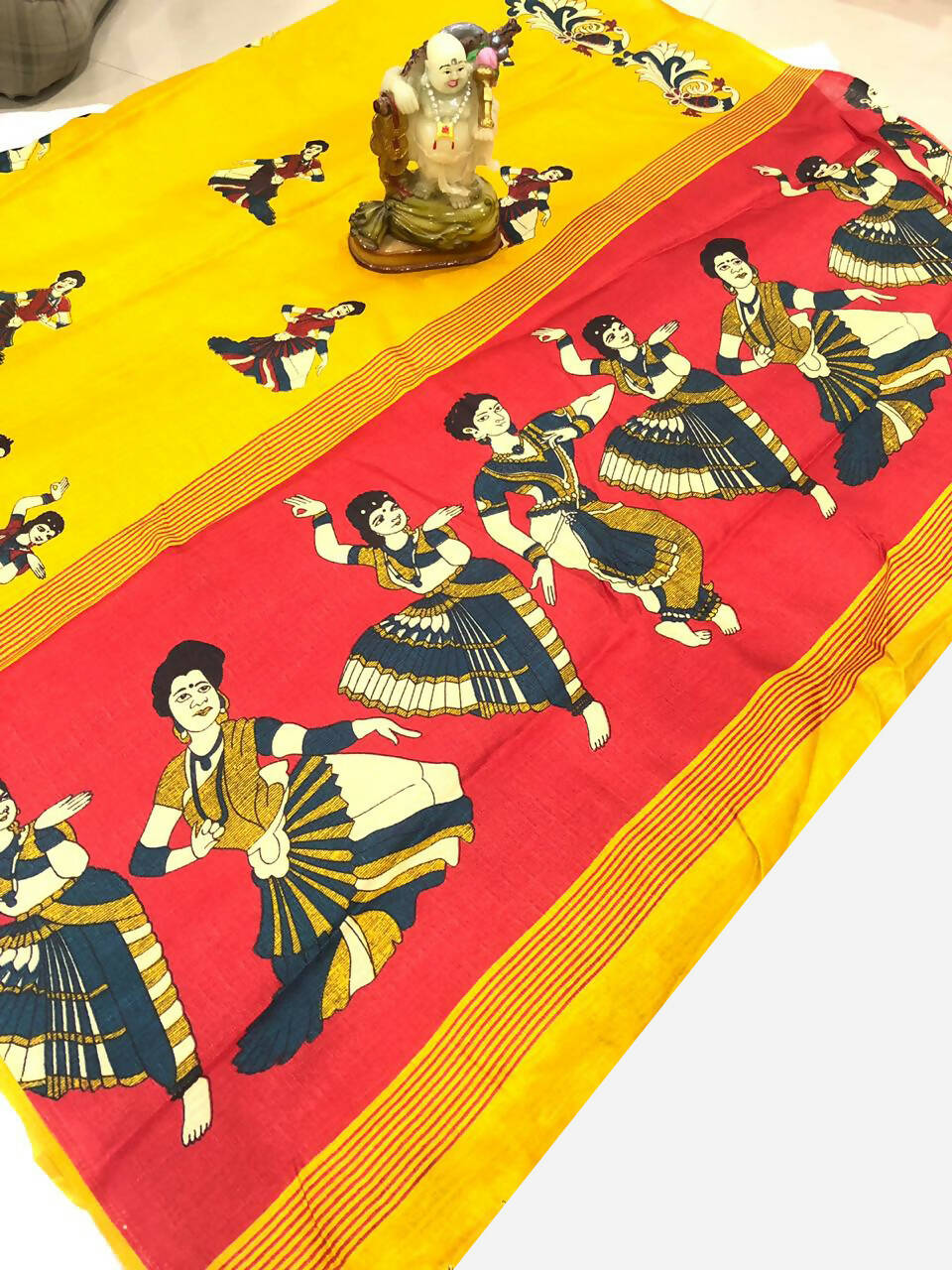 Yellow Kalamkari Khadi Silk Saree with Jhalar and Red Blouse