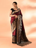 Maroon and black soft silk Banarasi saree with a classic woven border.
