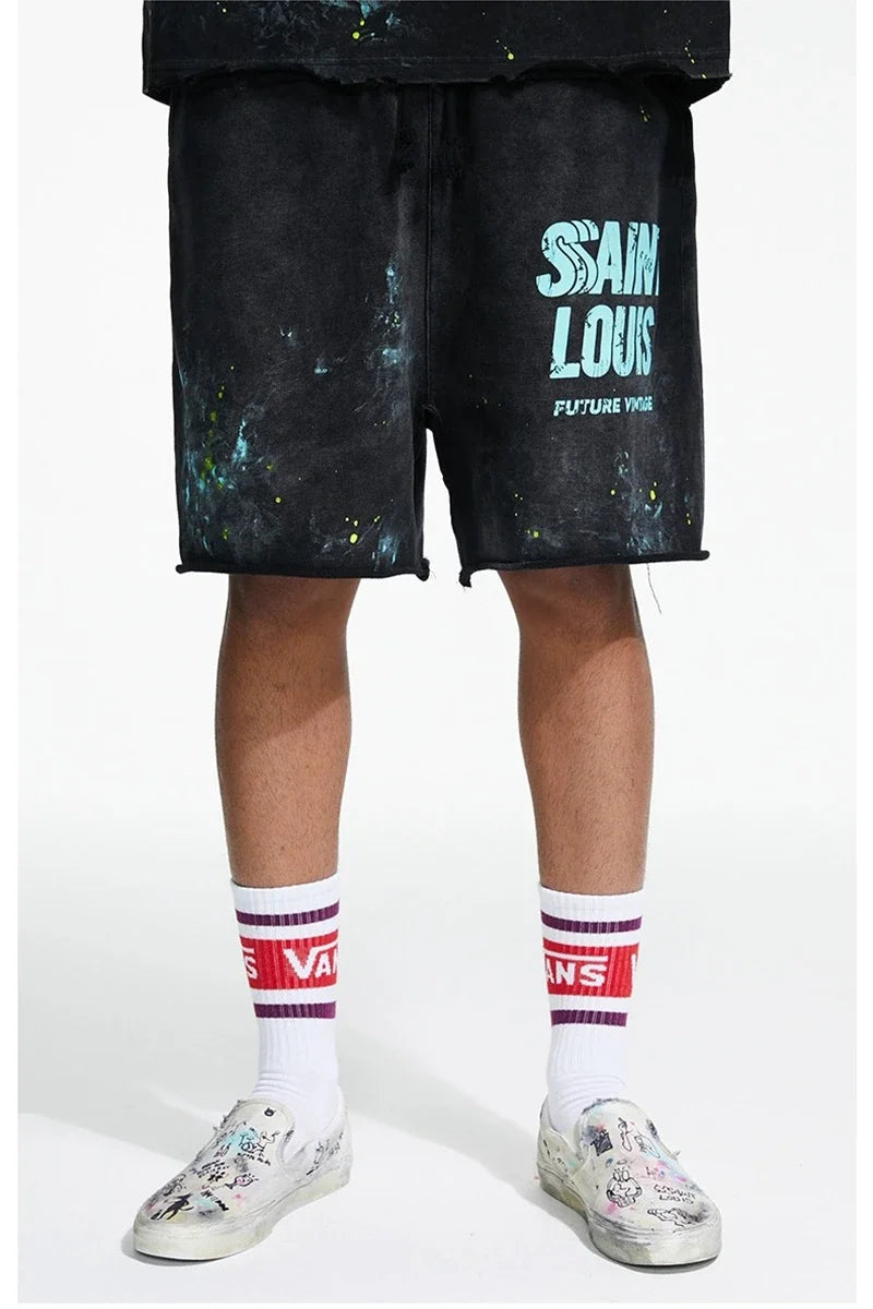 SAINT LOUIS Handmade Ink Spray Retro Style Shorts