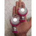 Chandbali style half-moon earrings with pink pearls and mirror centerpieces