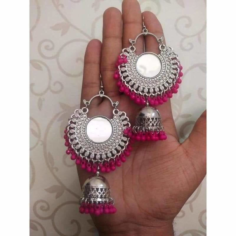 Chandbali style half-moon earrings with pink pearls and mirror centerpieces