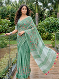 Refreshing sea green linen saree with matching blouse piece