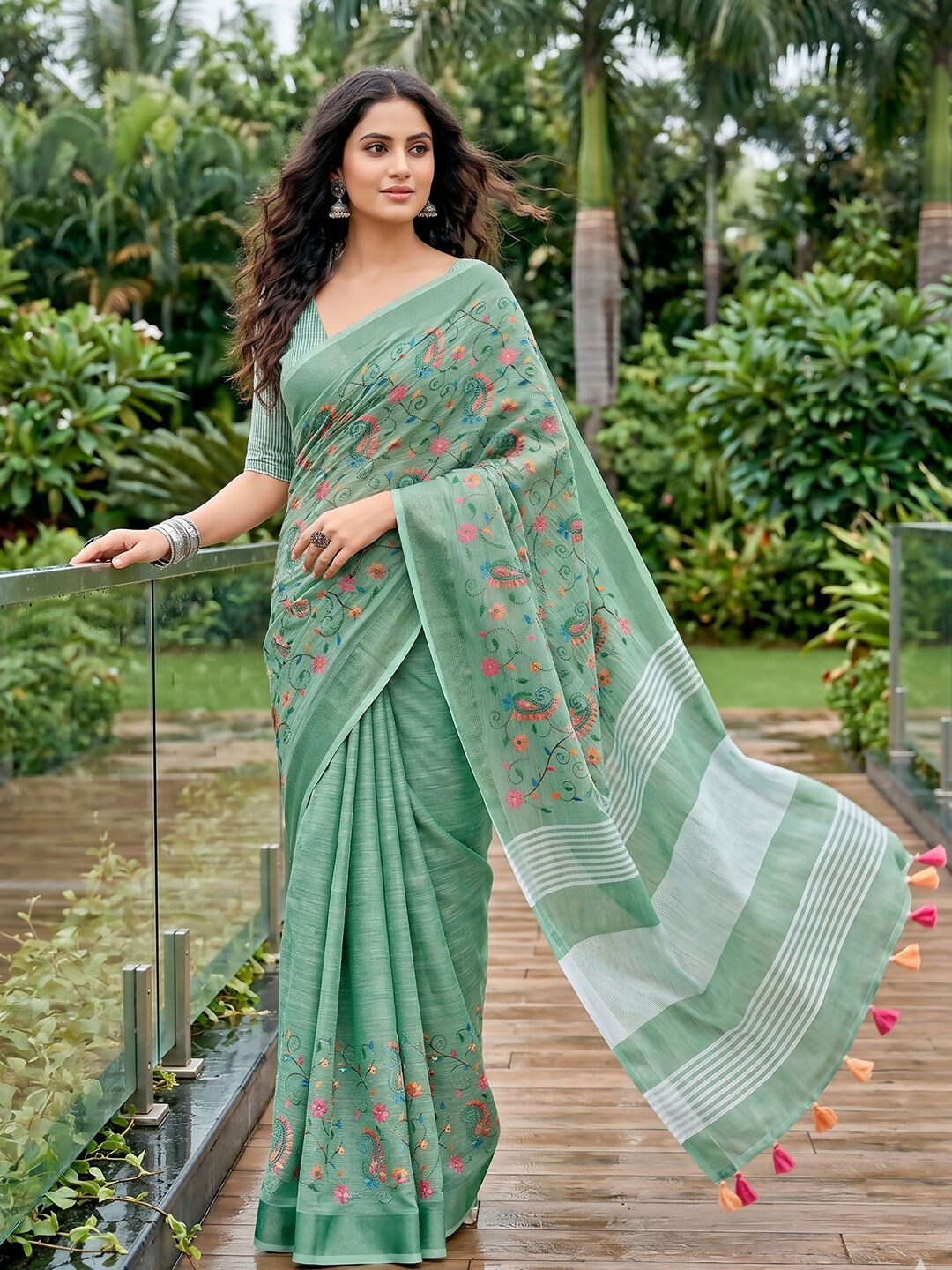 Refreshing sea green linen saree with matching blouse piece