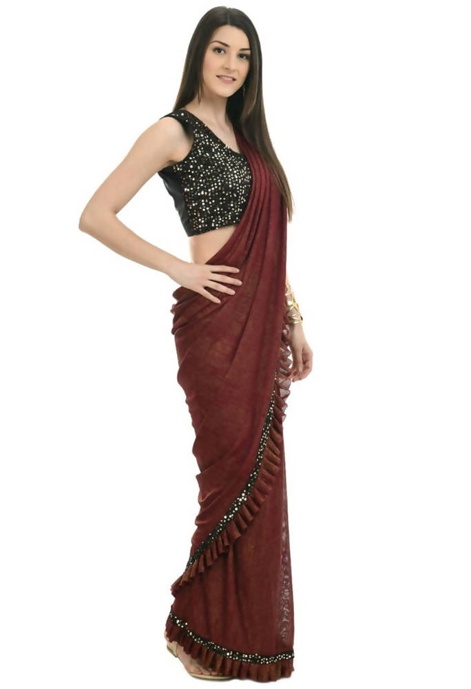 Rust and Black Ruffled Ready-to-Wear Lycra Saree with Sequin Blouse