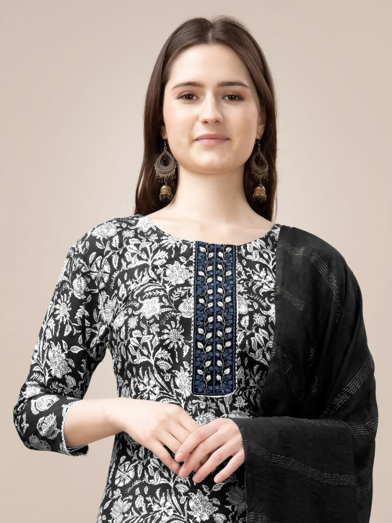 Women's Black Rayon Printed Kurta Set with Embroidery & Lace