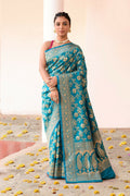 Aqua blue soft silk handloom Banarasi saree featuring a delicate, elegant sheen.