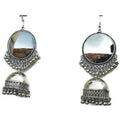 Statement large mirror earrings with hanging oxidized silver jhumkas