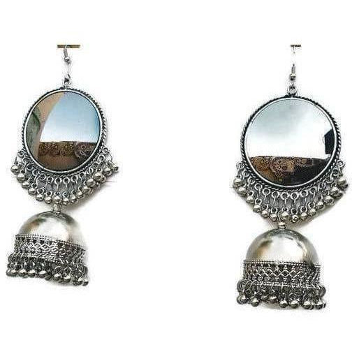 Statement large mirror earrings with hanging oxidized silver jhumkas