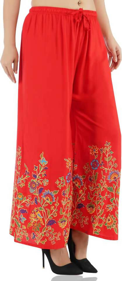 Red Floral Print Palazzo Pants - High Rise Wide Leg Bottoms