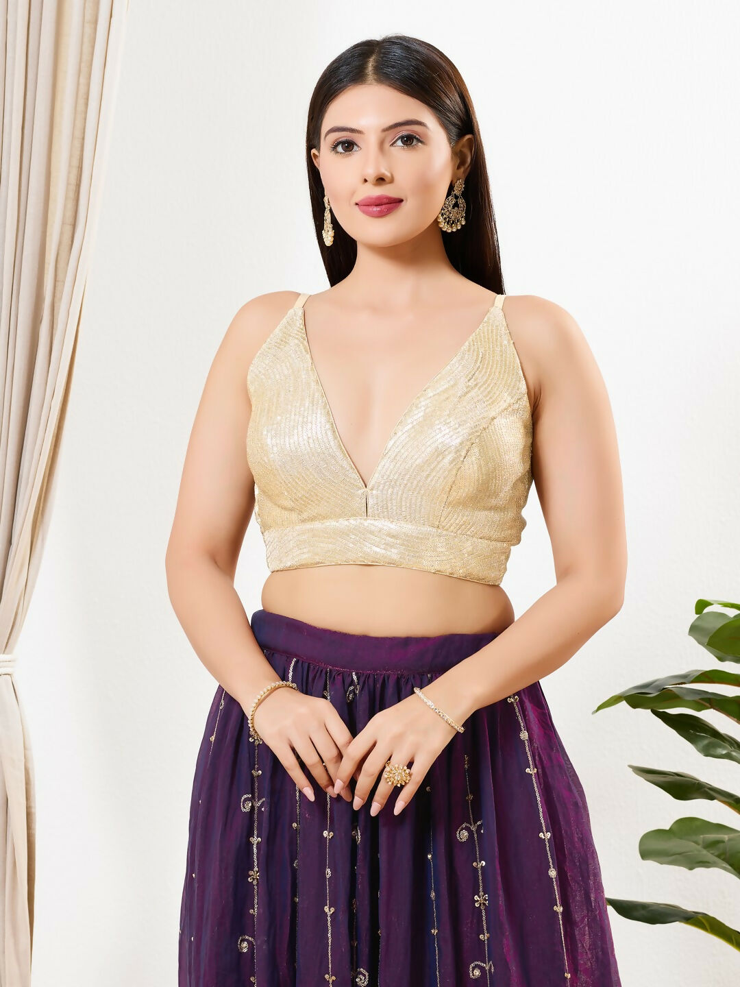 Joban Fashion Antique Gold Sequins Padded Blouse With V Neck Sleeveless