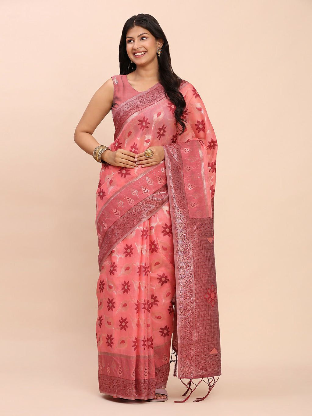Peach linen cotton saree with matching blouse fabric