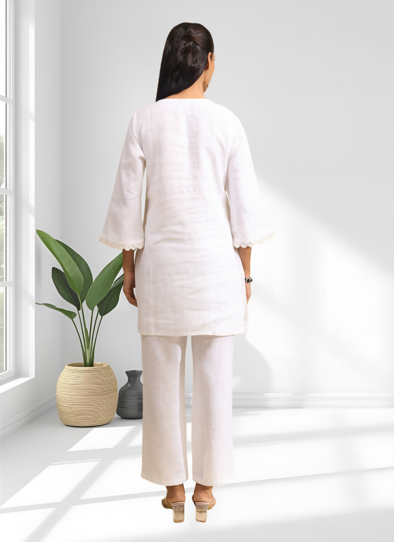 Off White Linen Embroidered Cord Set for Festive and Casual Wear