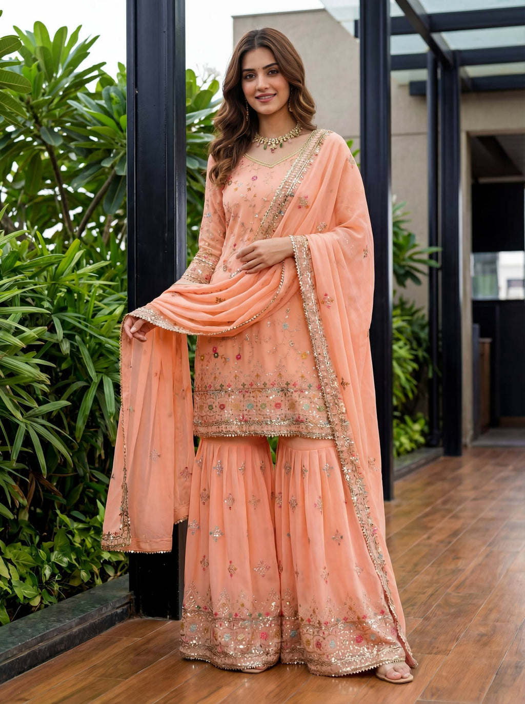 Vibrant orange georgette kurti featuring delicate embroidery, styled with a matching sharara set.