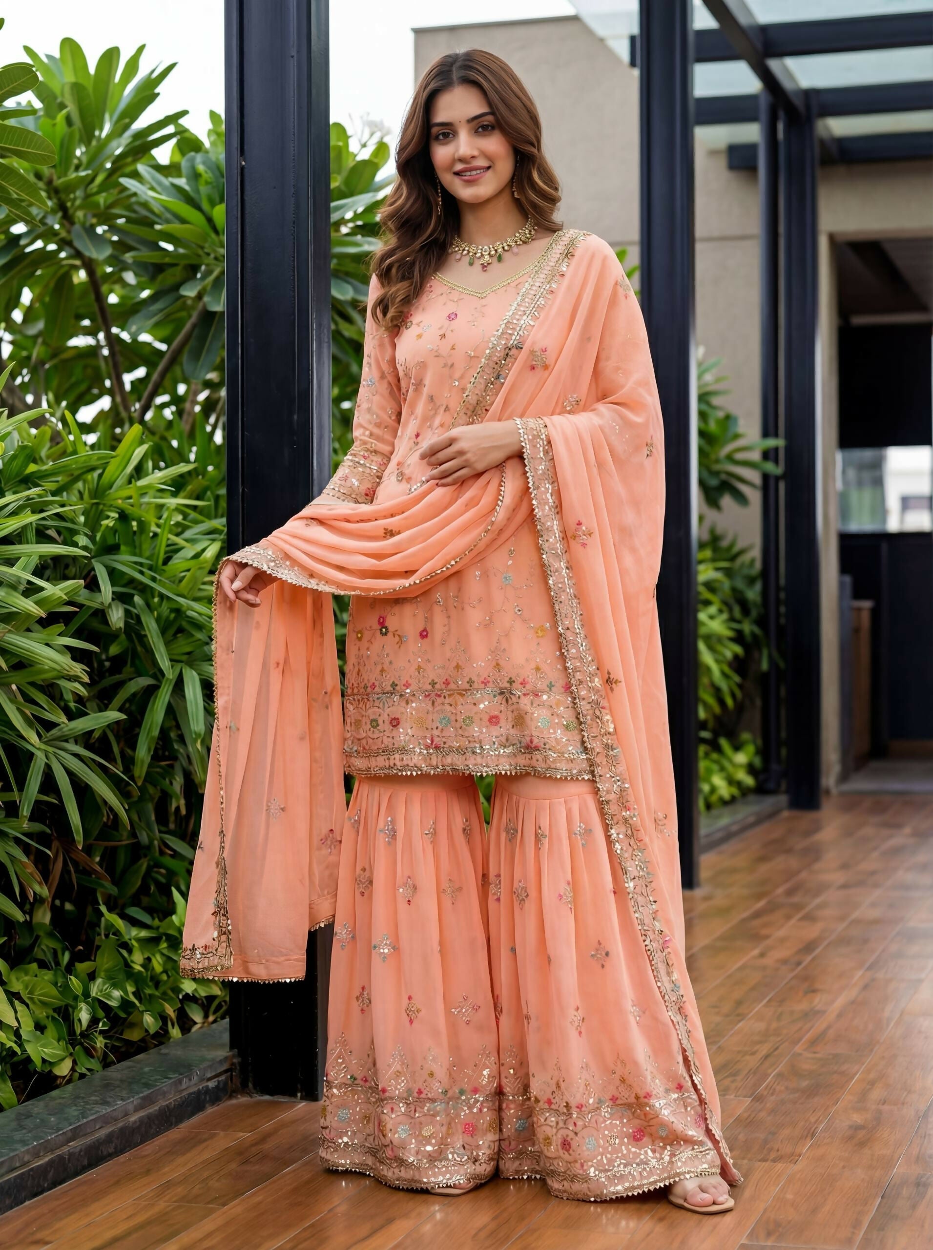 Vibrant orange georgette kurti featuring delicate embroidery, styled with a matching sharara set.