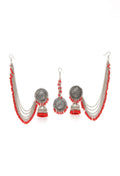 Bahubali style gold-tone earrings with red beads and matching Tikka