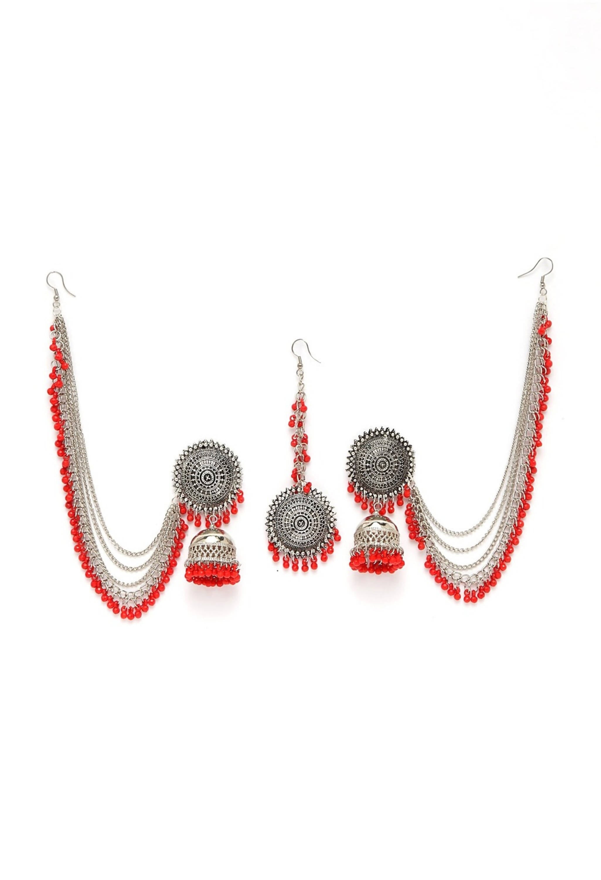 Bahubali style gold-tone earrings with red beads and matching Tikka