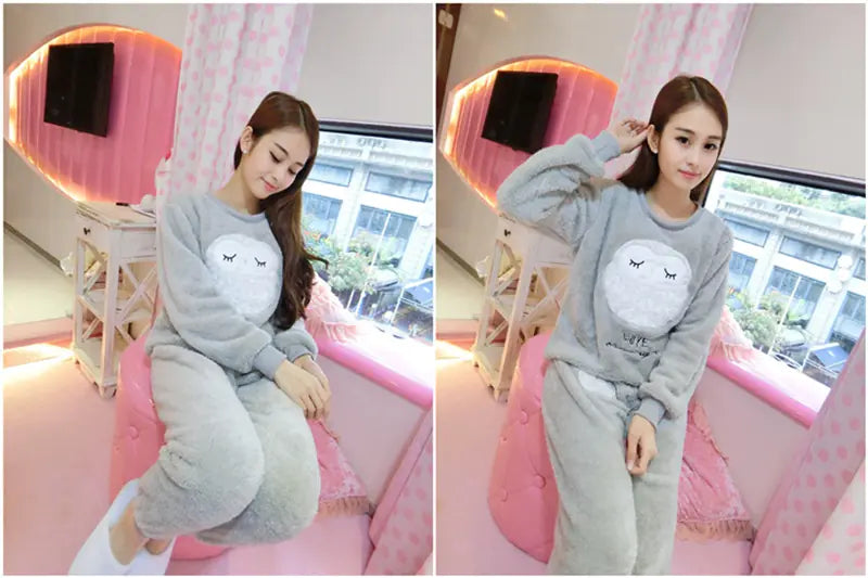 Women's Winter Fleece Pajama Set with Cute Hearts