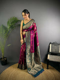 Rani Pink Banarasi soft silk saree with intricate woven butti patterns