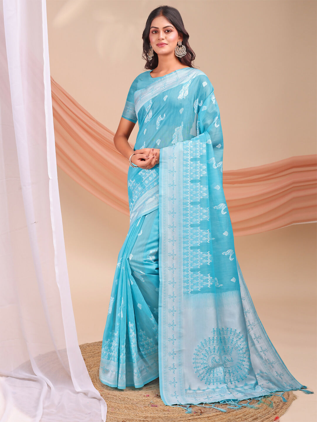 Varnika sky blue linen cotton saree with matching blouse fabric
