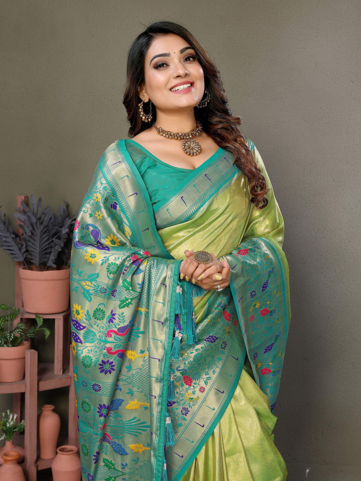 Pista Tissue Silk Paithani Woven Saree with Traditional Border