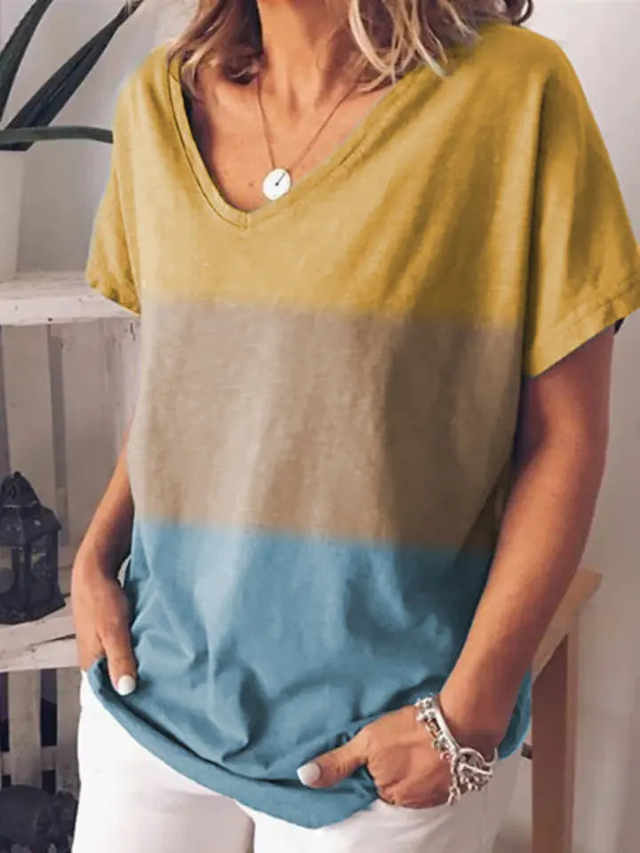 Women's Short Sleeve V-Neck Color Block Gradient T-Shirt - Image 30