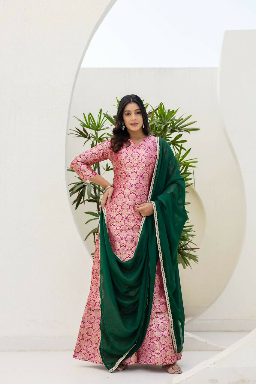 Pink Jacquard Embroidered Sharara Set with Matching Kurti & Pant