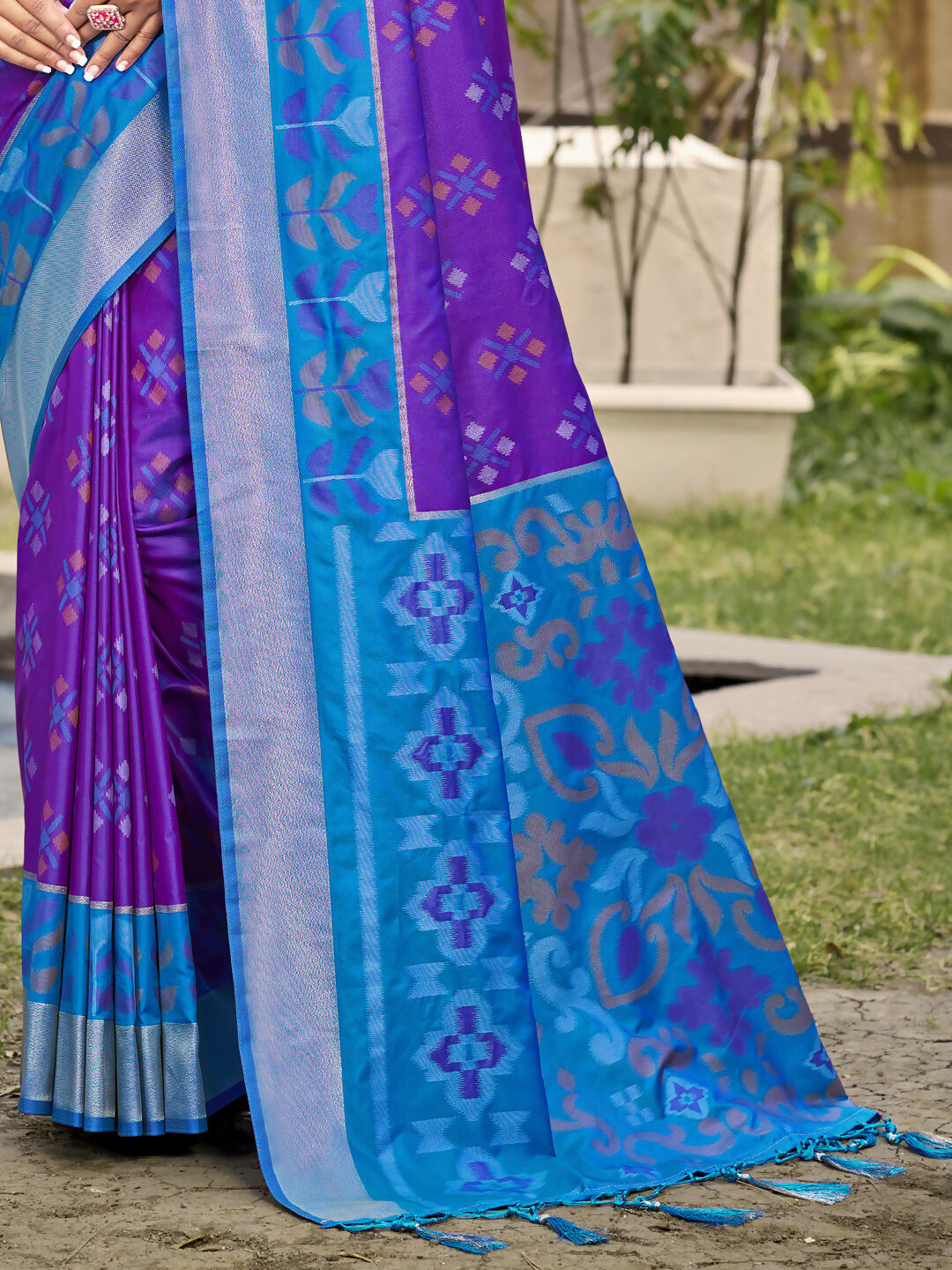 Violet Pochampalli Silk Saree with Royal Blue Blouse and Trim