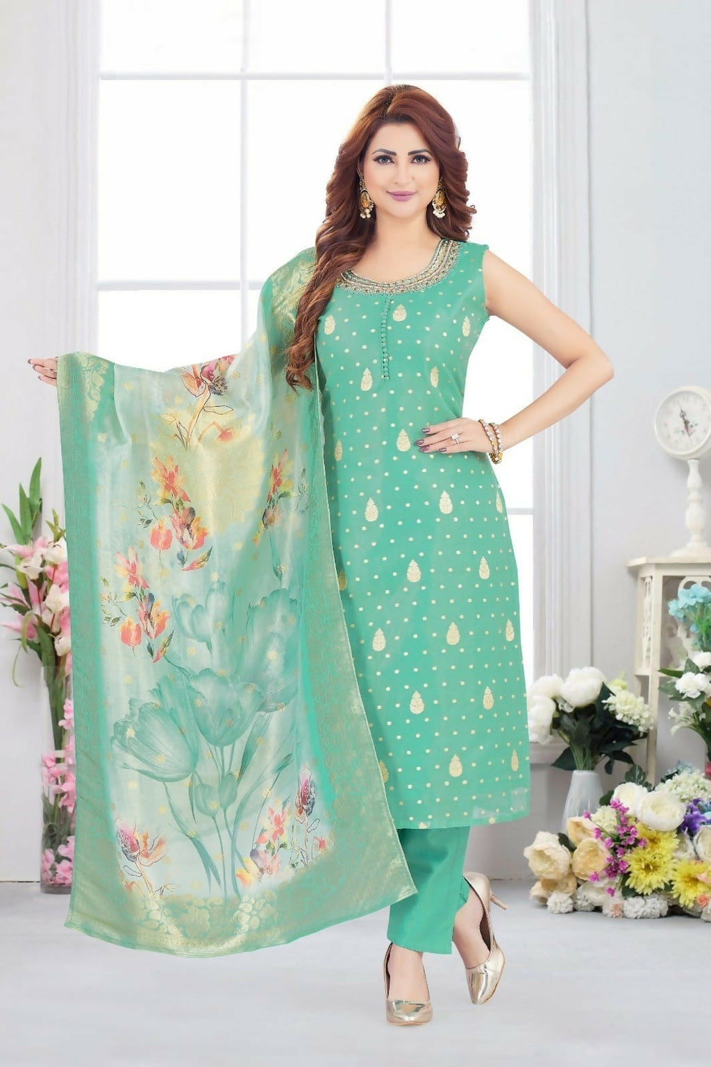 Joban Fashion Jacquard Rama Green Color Kurta Set