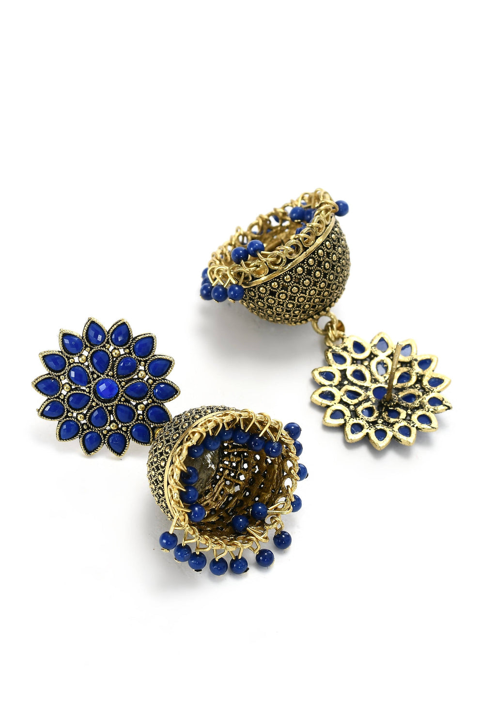 Elegant Kundan Jhumka Earrings with Sophisticated Blue Beads