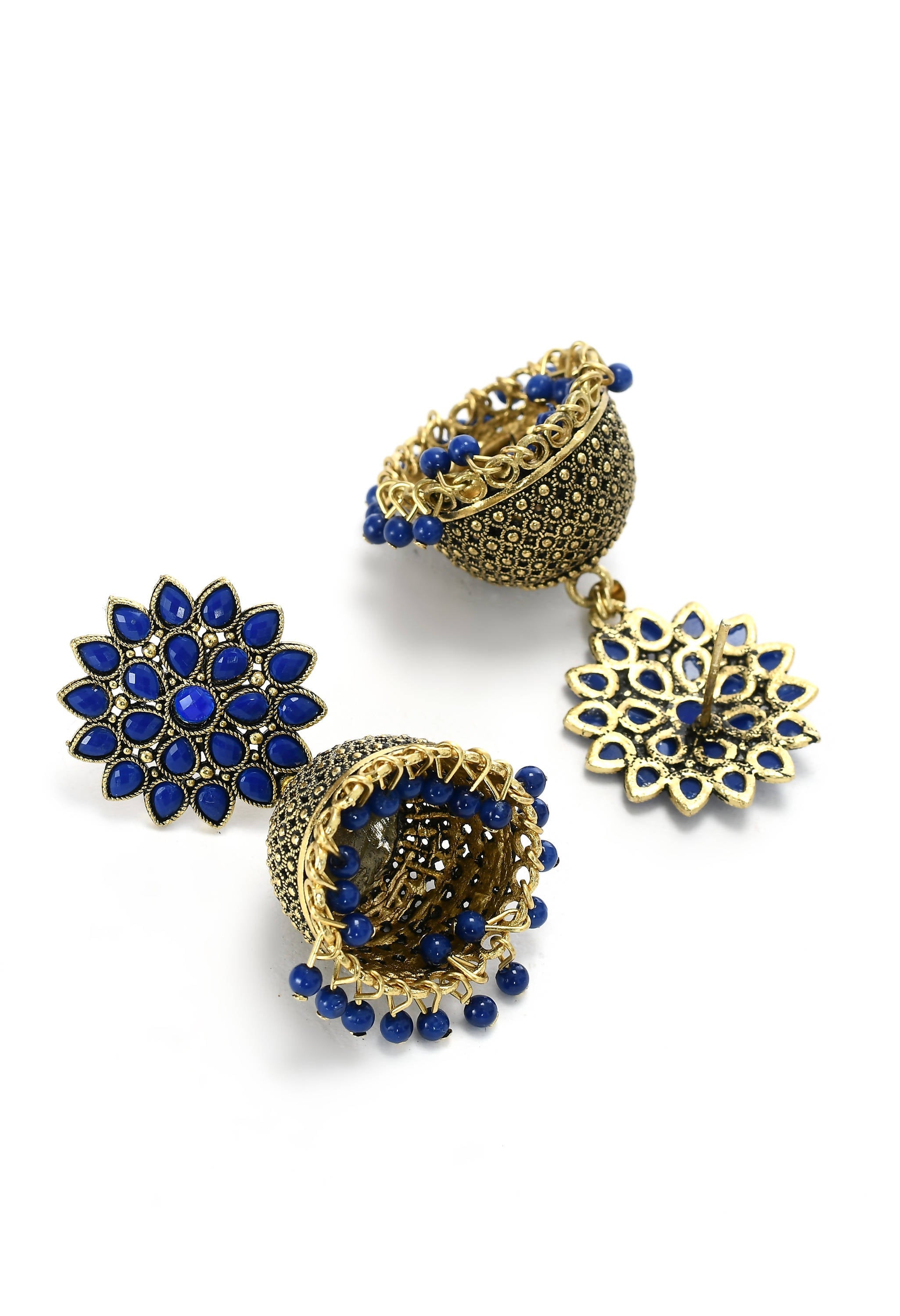 Elegant Kundan Jhumka Earrings with Sophisticated Blue Beads