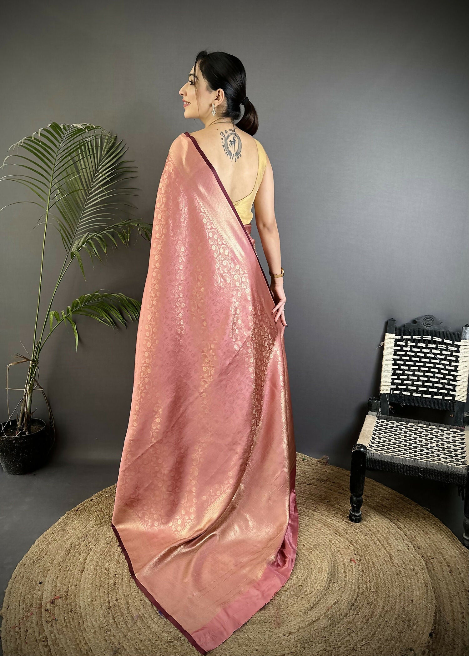 Dusty Pink Floral & Paisley Soft Satin Silk Banarasi Saree