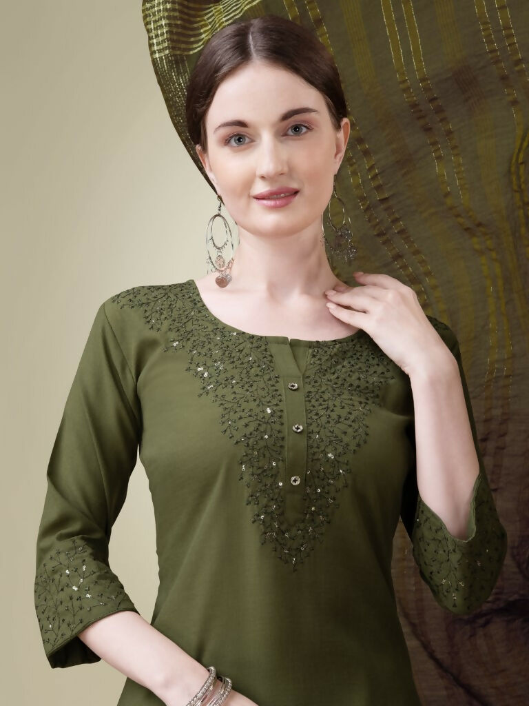 Mehendi Cotton Blend Straight Kurta with Trouser and Dupatta Set