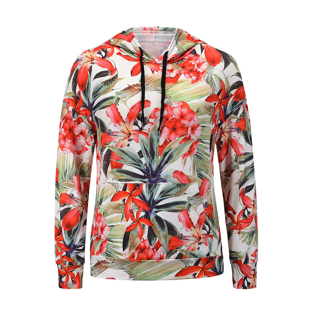 Women's Floral Print Long-Sleeved Hooded Pullover T-Shirt - Image 24
