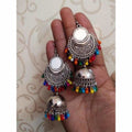 Fashionable multicolor beaded jhumki earrings with mirror accents for parties.