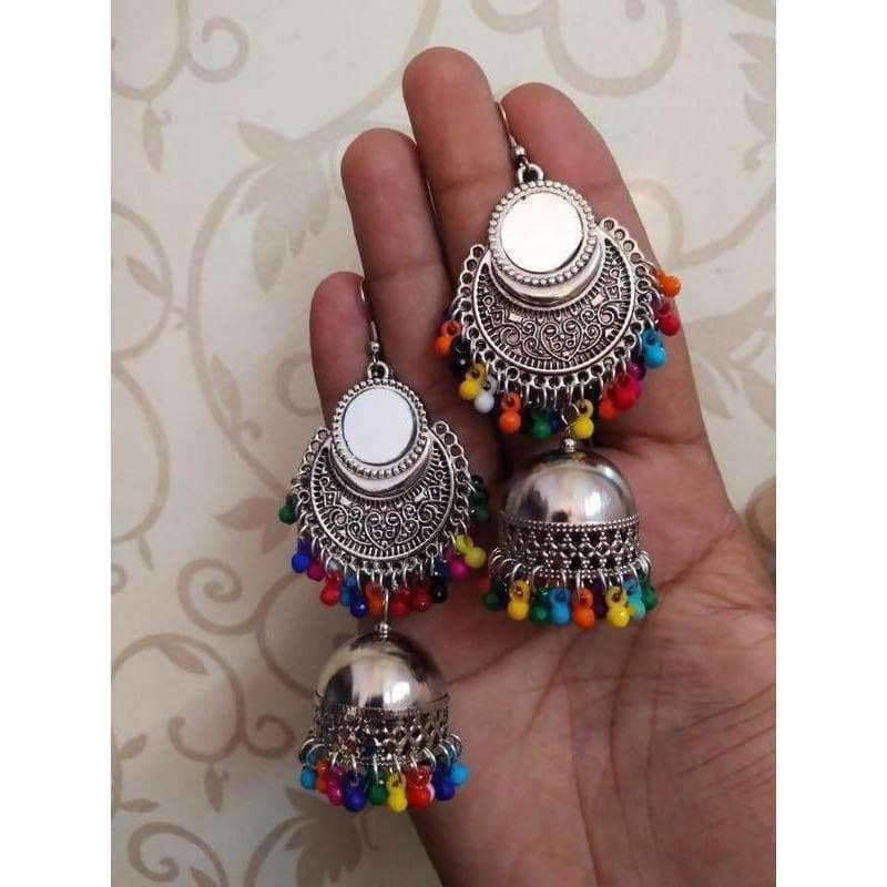 Fashionable multicolor beaded jhumki earrings with mirror accents for parties.