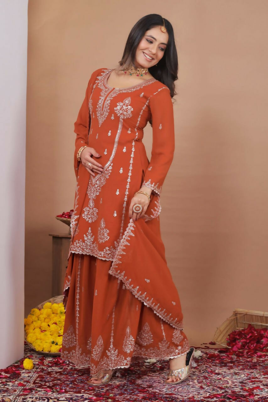 Dark Orange Georgette Embroidered Sharara Set