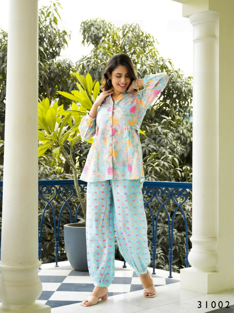 Multi & Sky Muslin Cotton Co-Ord Set - Manya Casual Two-Piece