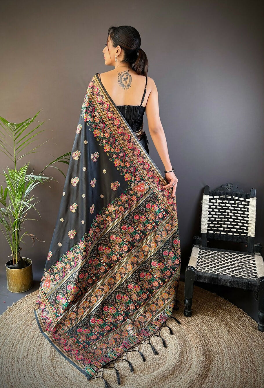 Black Meena Weaves Soft Silk Saree with Unstitched Blouse Piece