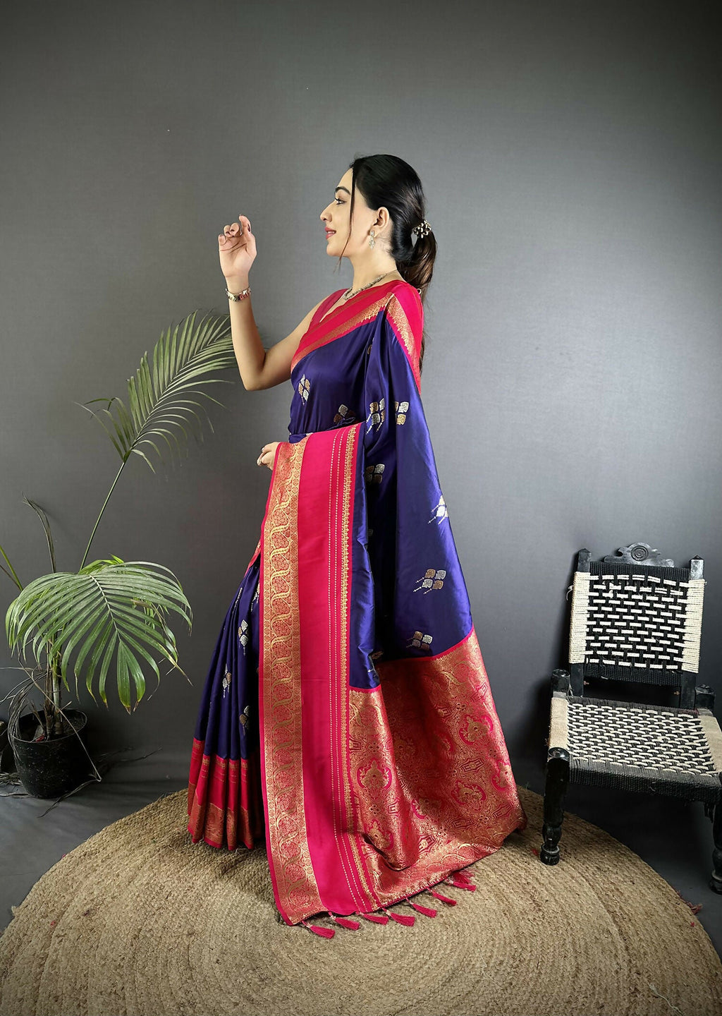Violet Banarasi Soft Silk Saree with Magenta Blouse Piece
