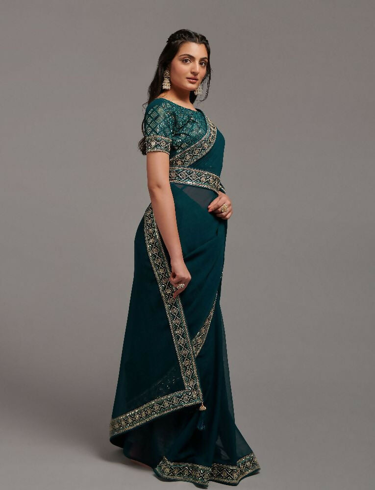 Petrol Blue Zometo Embroidery Lace Saree with Gold Accents