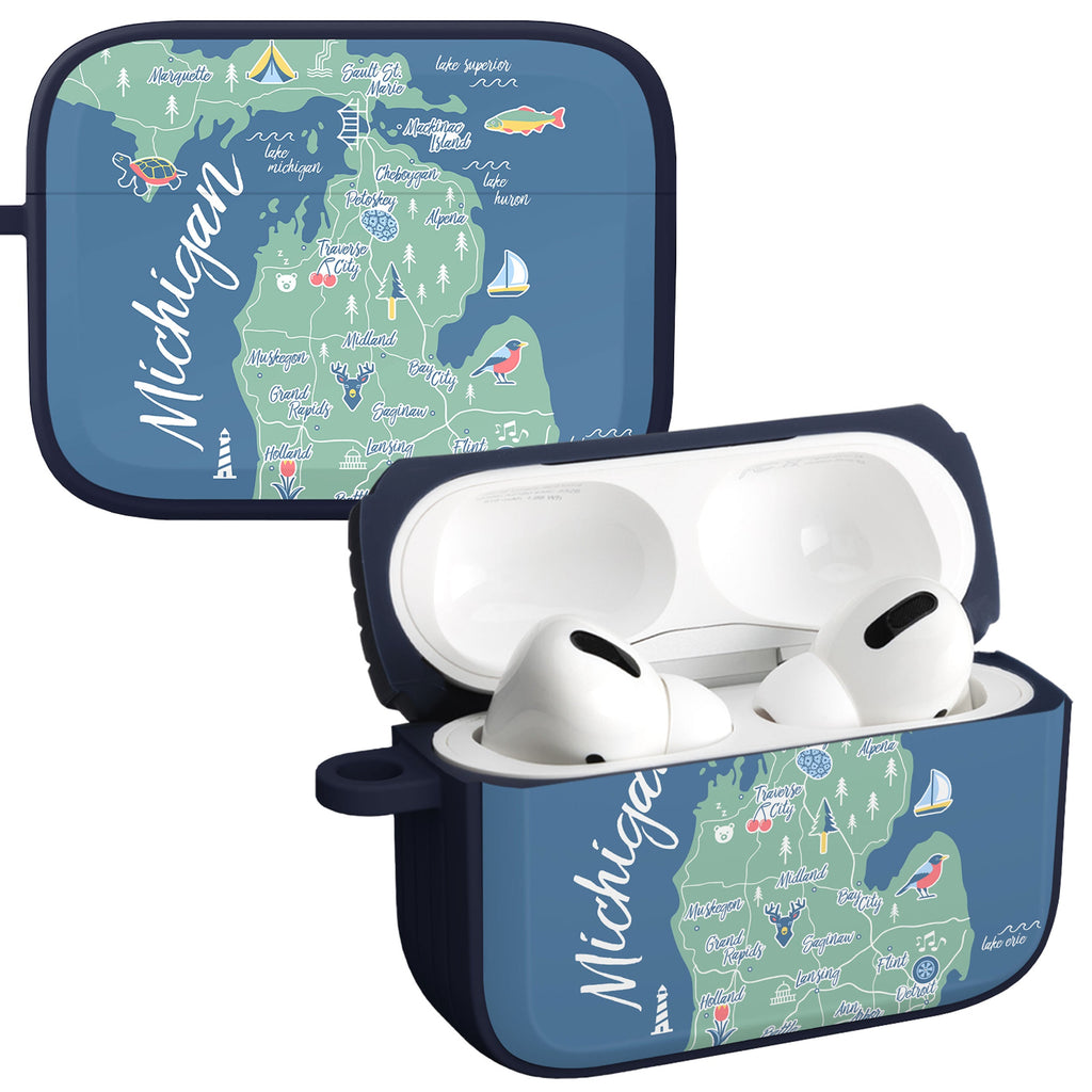 Michigan themed protective case for Apple AirPods Pro featuring a detailed state map graphic and an included carabiner attachment.