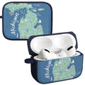 Michigan themed protective case for Apple AirPods Pro featuring a detailed state map graphic and an included carabiner attachment.