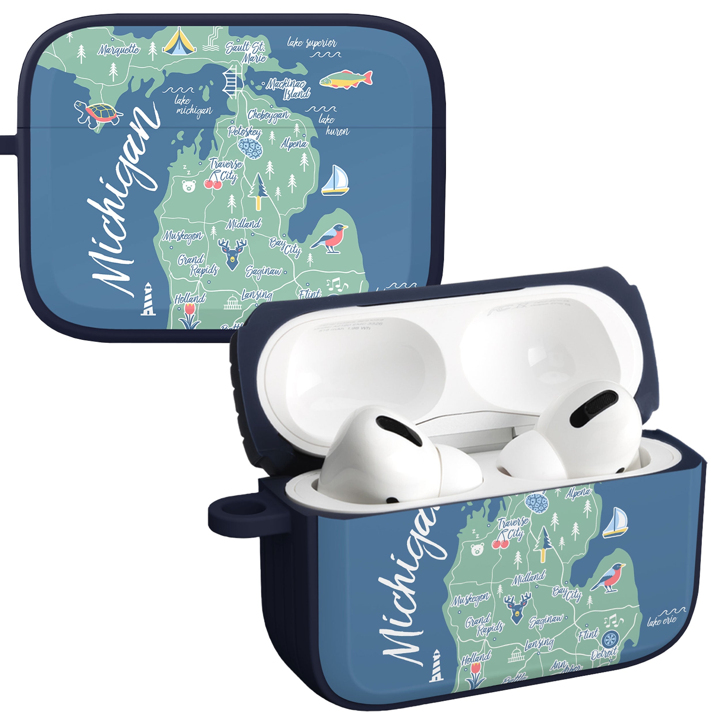 Michigan themed protective case for Apple AirPods Pro featuring a detailed state map graphic and an included carabiner attachment.