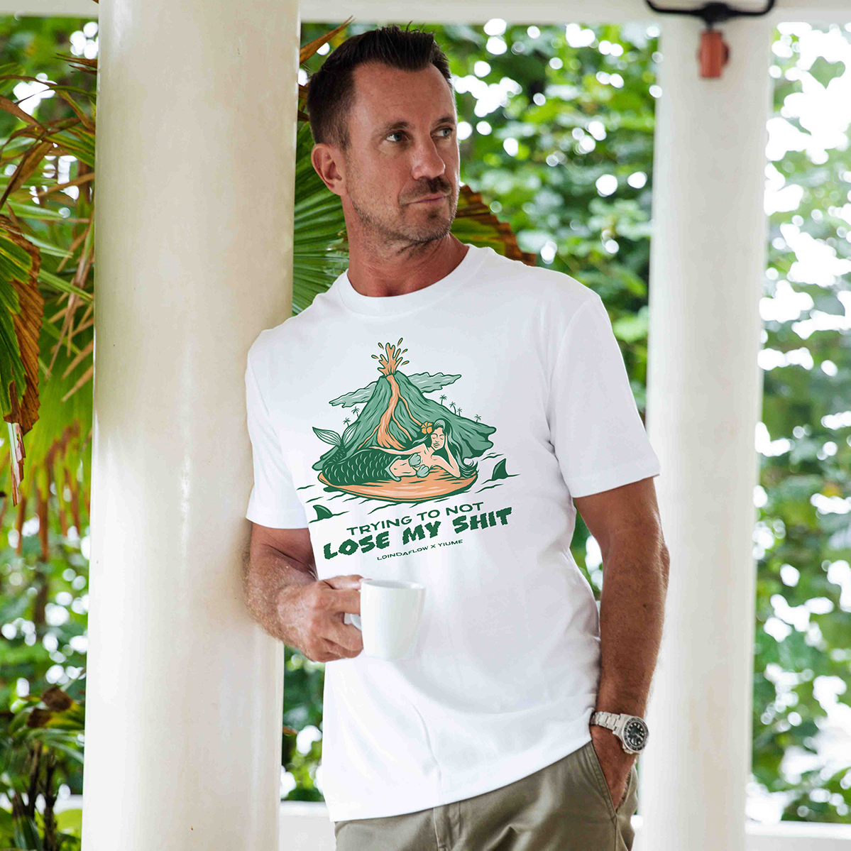 Hang Loose Mermaid Graphic Crew Neck Cotton T-Shirt - White