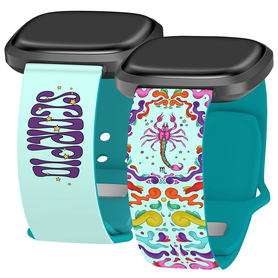 Zodiac Collection Scorpio and Libra watch bands for Fitbit Versa 3 and Sense 1 featuring colorful astrology designs