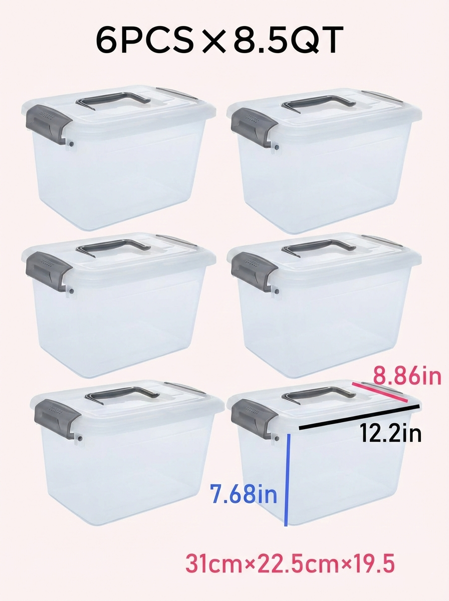 Set of 6 Stackable Clear Plastic Storage Boxes with Handles