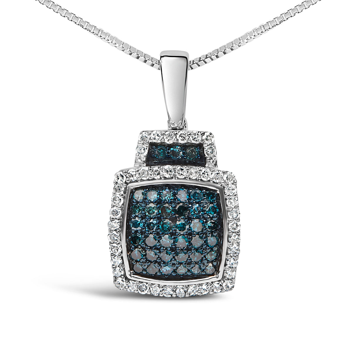 .925 Sterling Silver 1/2 Cttw Blue Diamond with White Diamond Halo Block Pendant Necklace